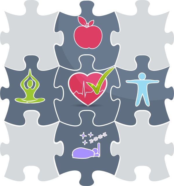 Zdravý životní styl. Puzzle s obrázky co všechno může ovlivnit zdraví. Spánek, zdravá strava, pohyb. Masticha zkušenosti